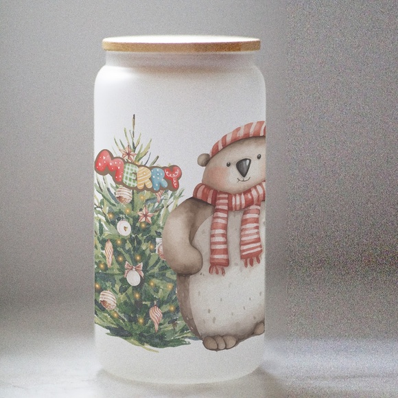 Christmas Cute Character Glasses cup 16 oz glass cup with Straw & Bamboo Lid. - Picture 3 of 6